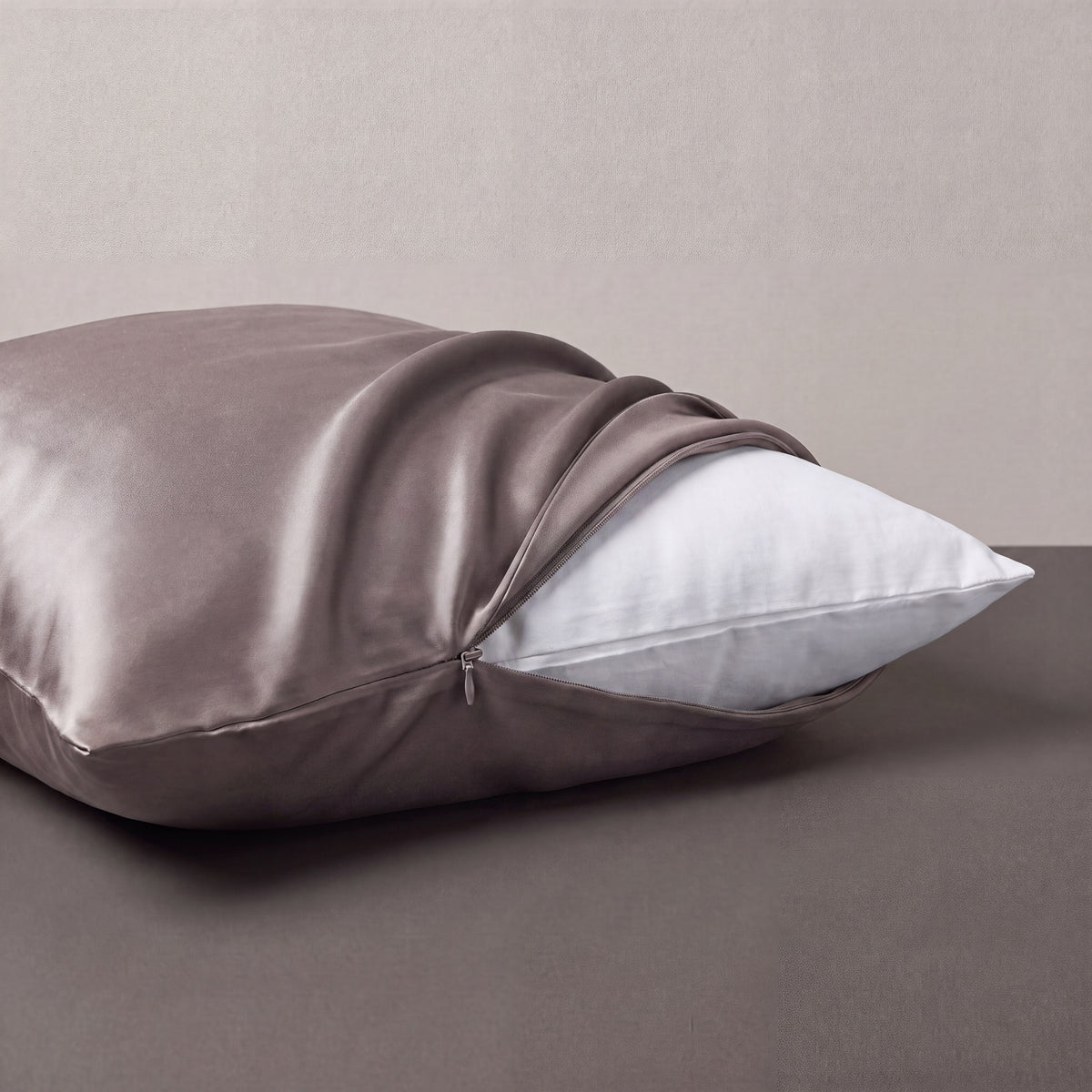 RYVENA cool grey silk pillowcase, closure detail
