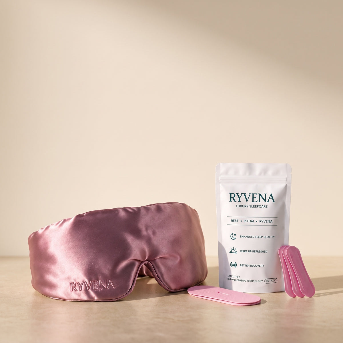 RYVENA Blackout & Breathe Ritual with blush pink silk sleep mask