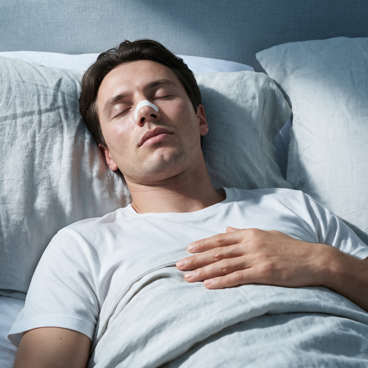 Man asleep wearing a white RYVENA nose strip for easier nasal breathing overnight