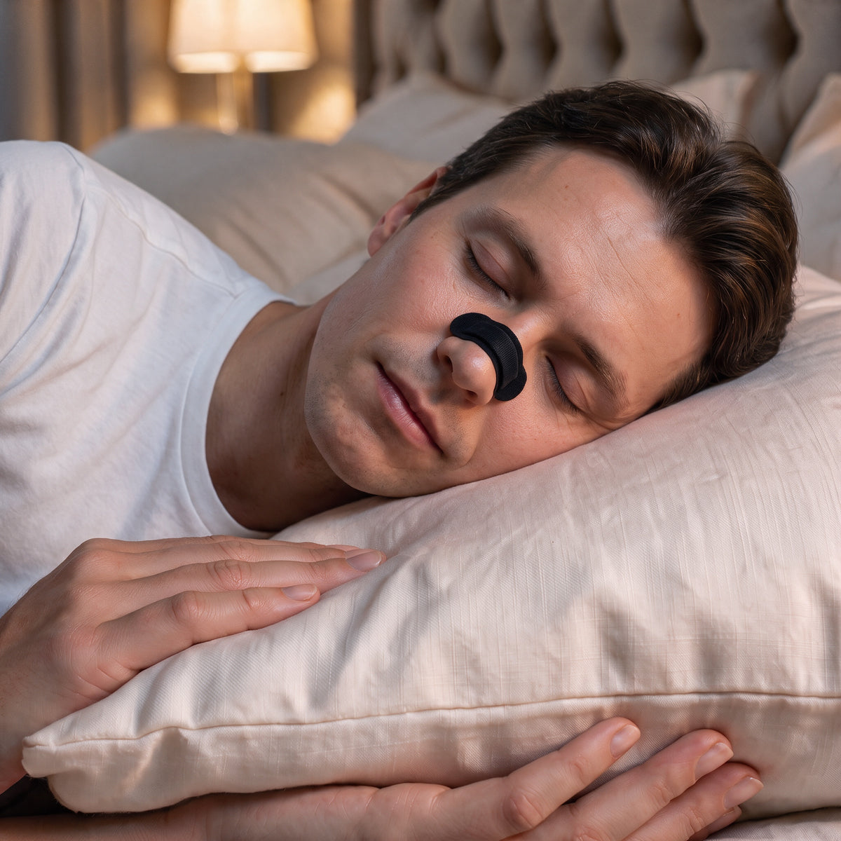 Side view of a man sleeping with a black RYVENA nose strip across the bridge of his nose
