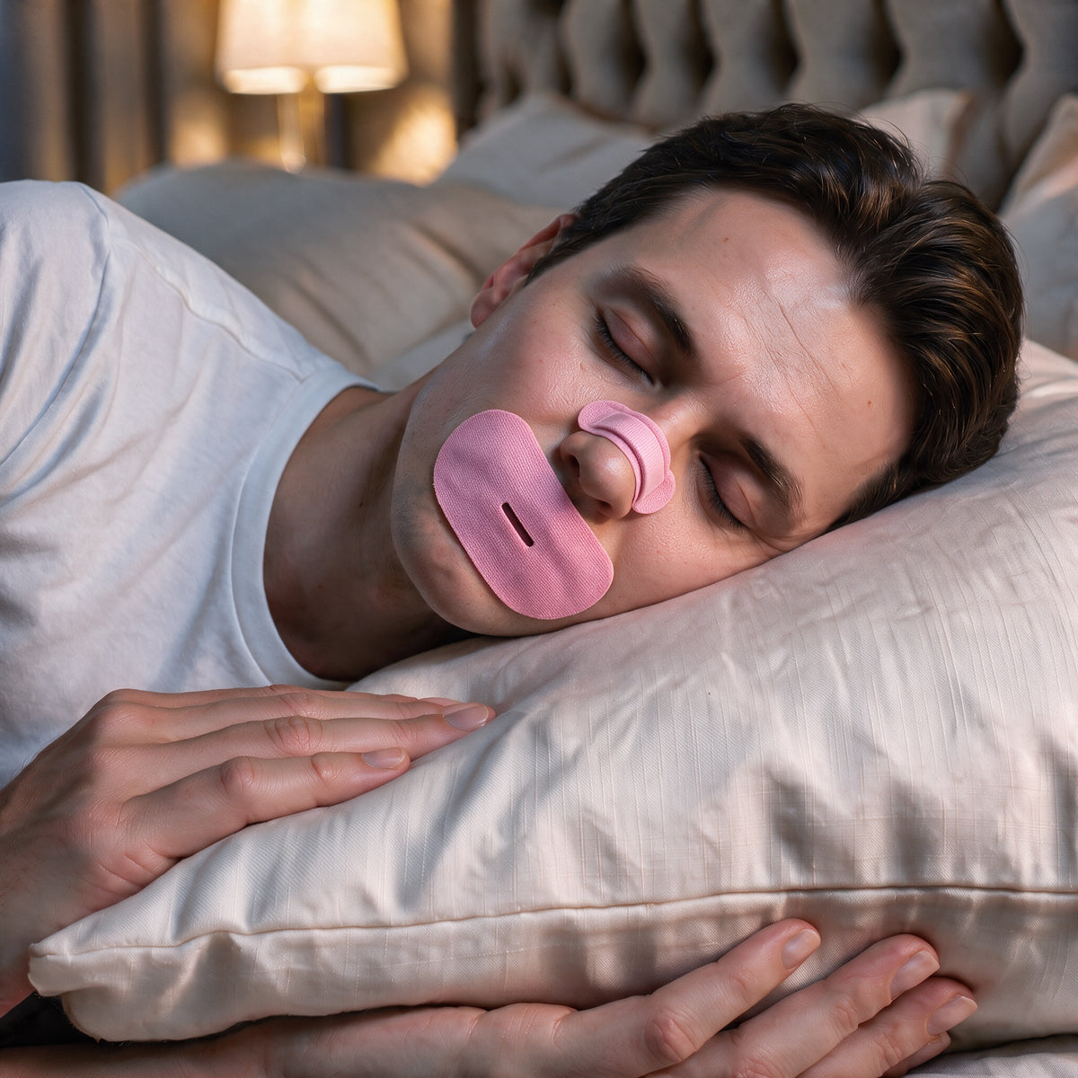 Pink RYVENA nose strip and mouth tape worn together, man asleep on a white pillow