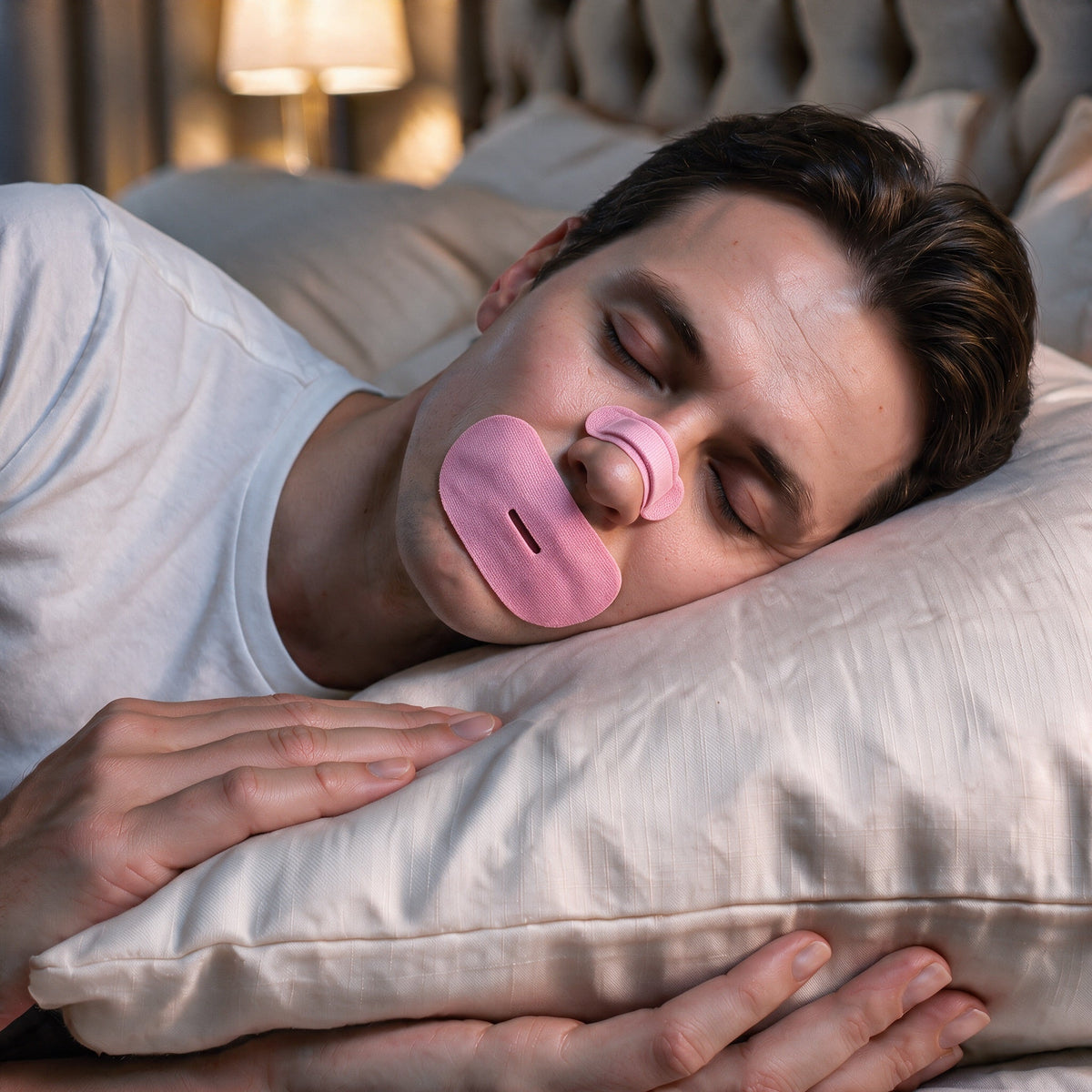 Man sleeping on his side wearing pink RYVENA nose strip and mouth tape