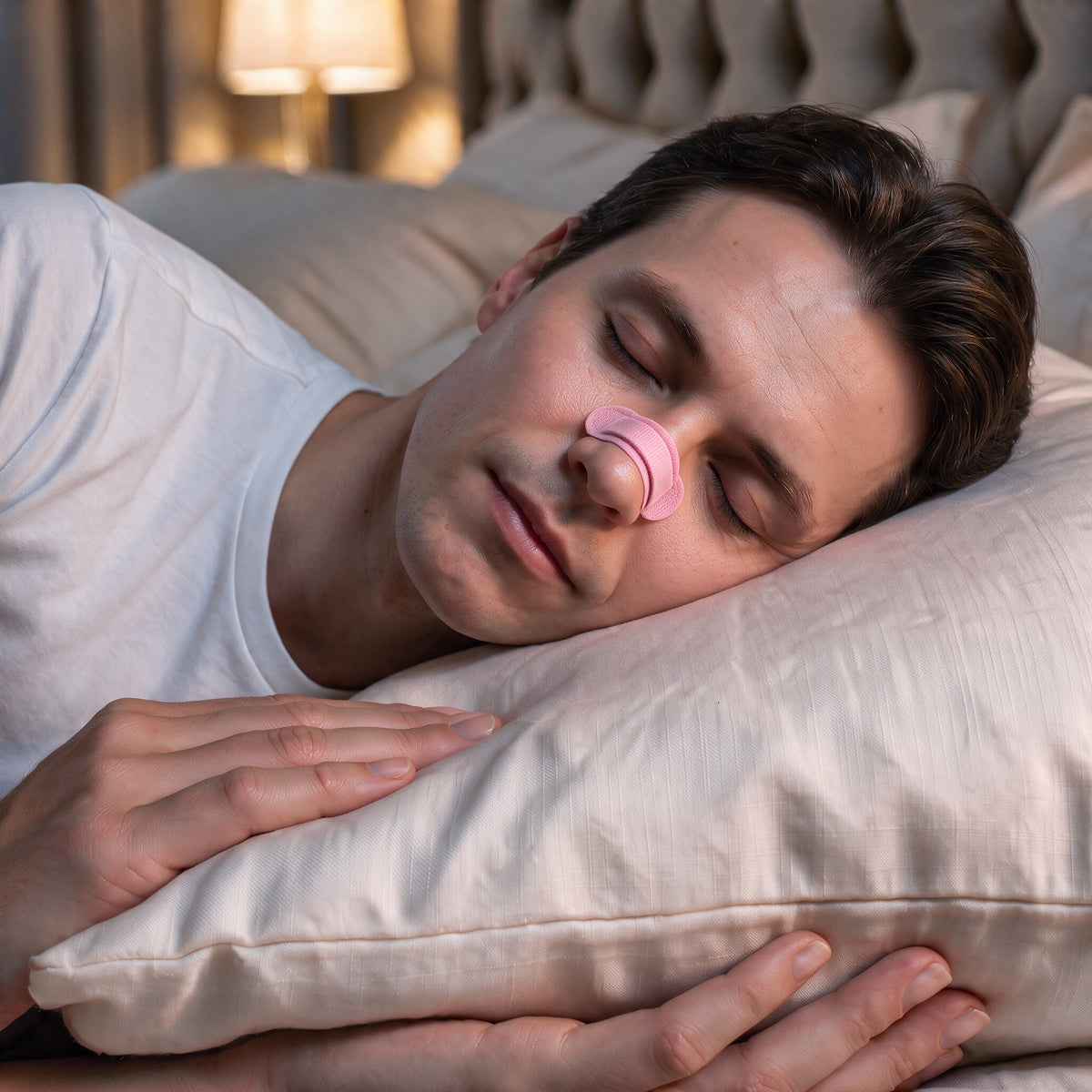 Side view of a man sleeping with a pink RYVENA nose strip across the bridge of his nose