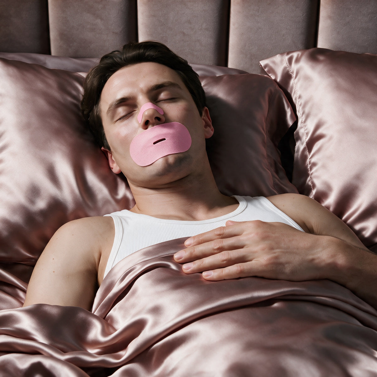Man sleeping with RYVENA nose strip and mouth tape on