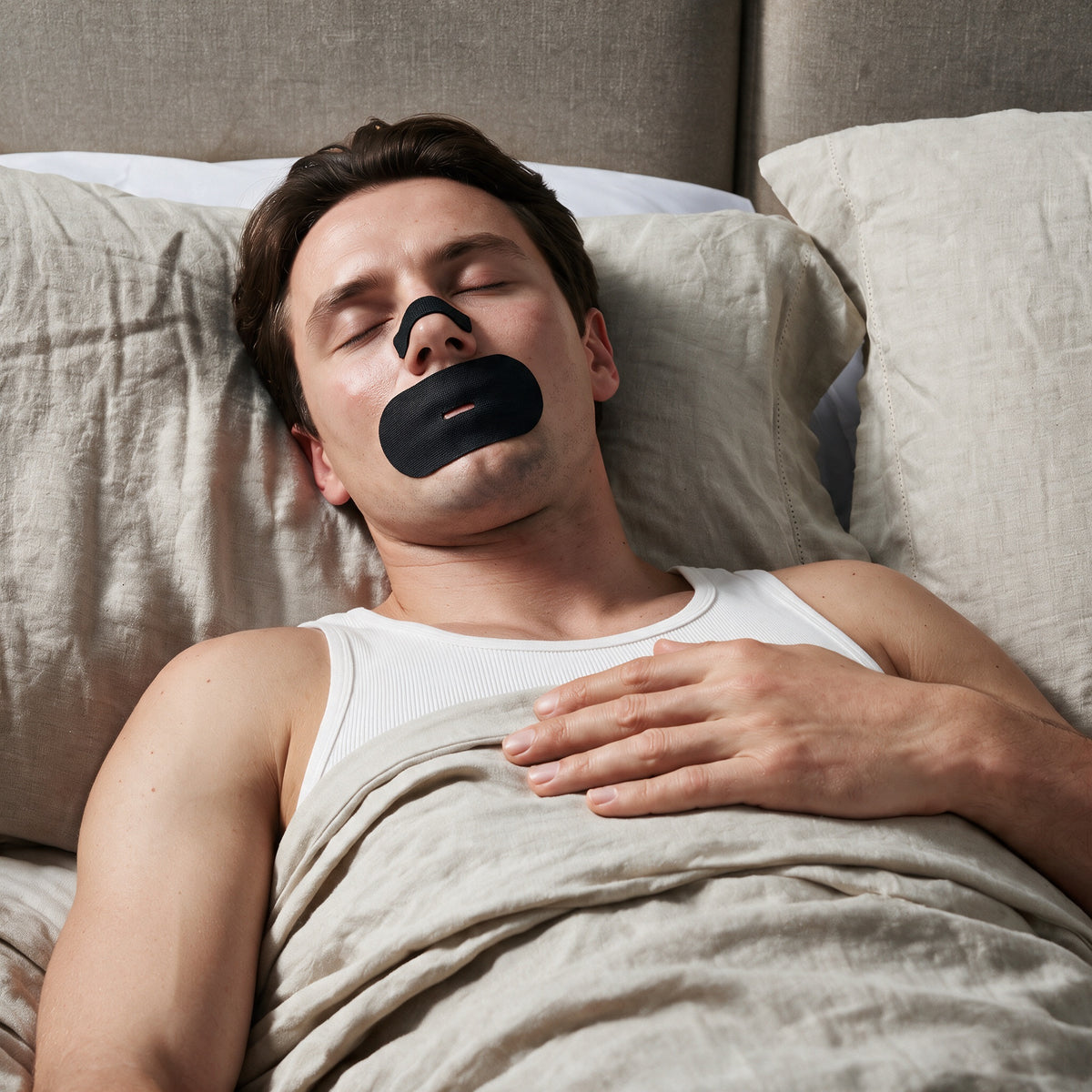 Man propped on pillows wearing a black RYVENA nose strip and mouth tape overnight