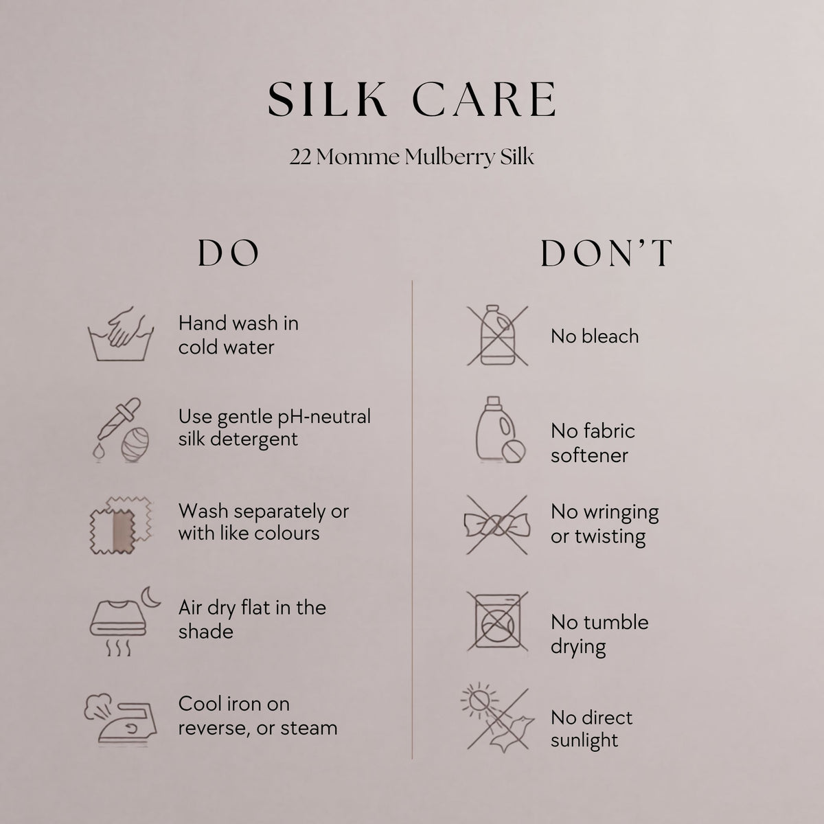 Silk care card for 22 momme mulberry silk, the washing rules laid out side by side