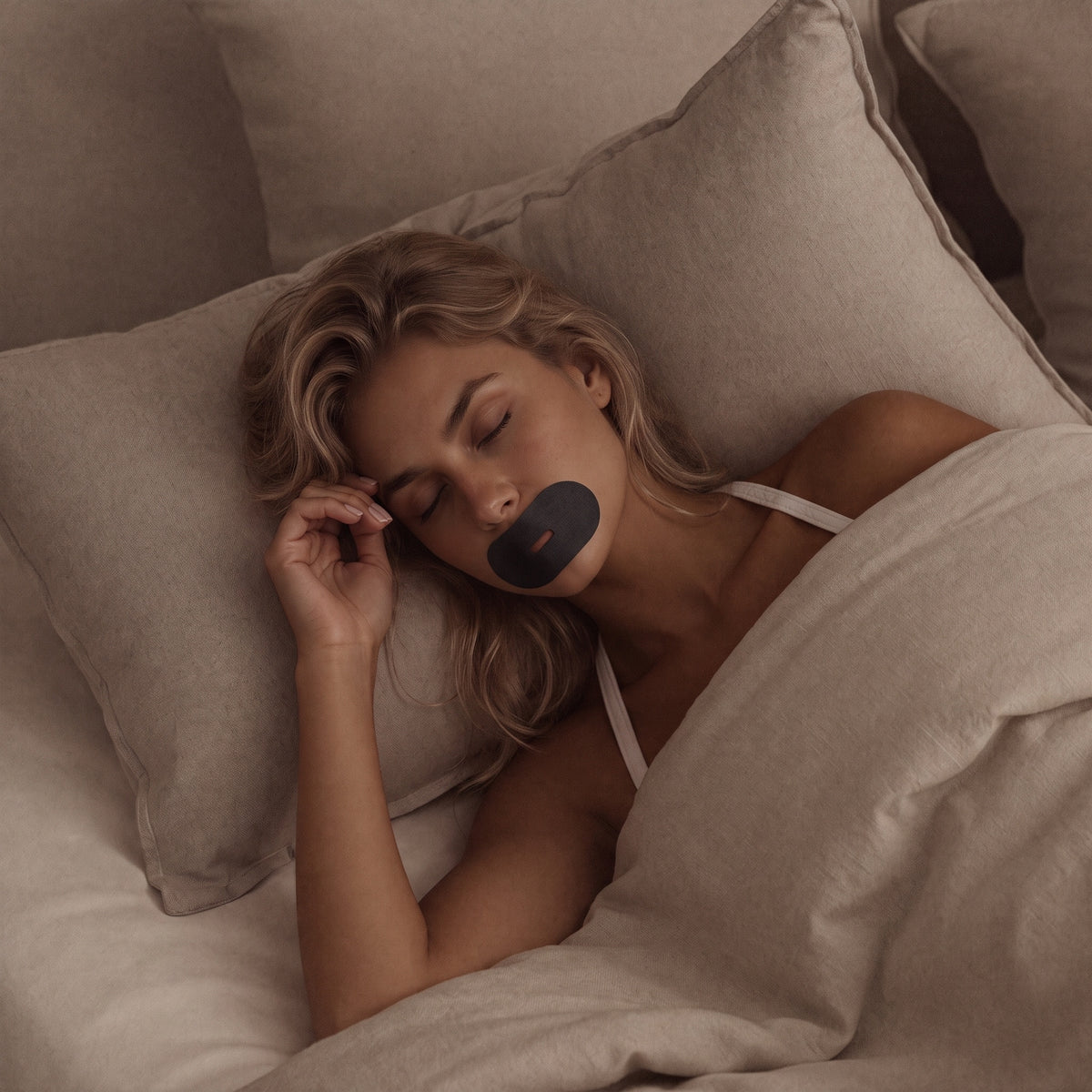 Woman asleep wearing black RYVENA mouth tape for nasal breathing through the night