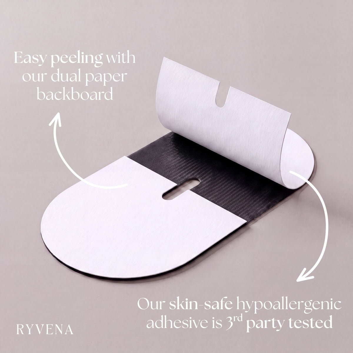 Black RYVENA mouth tape peeling away from its paper backboard, third party tested skin safe adhesive