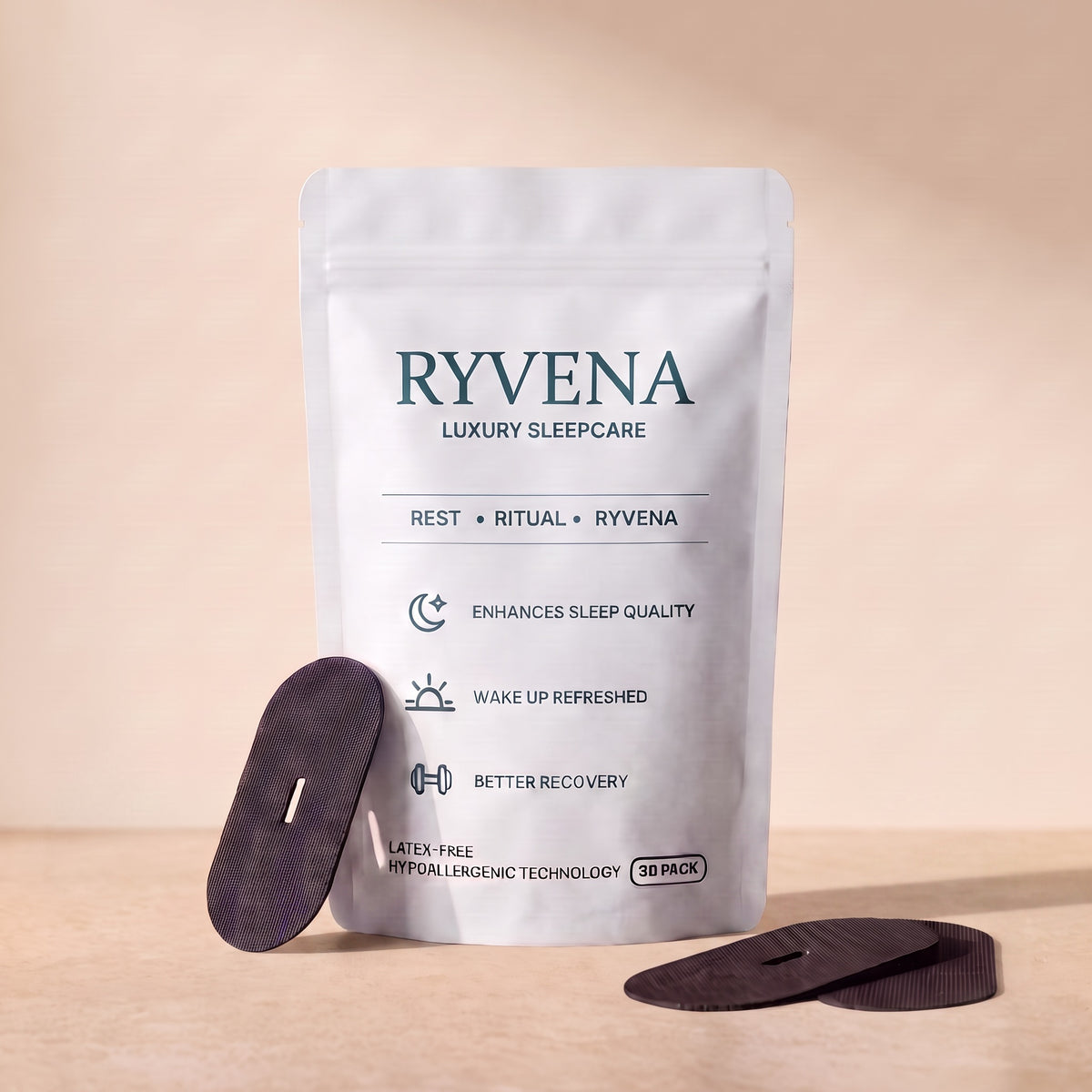RYVENA mouth tape in black, rounded-rectangle shape with its central vent slot #colour_black
