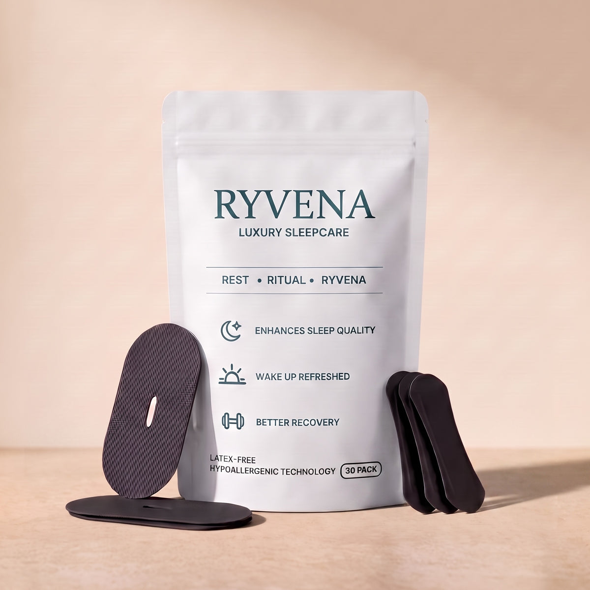 RYVENA black nose strips and mouth tape with the branded pouch#Mouth Tape Colour_Black