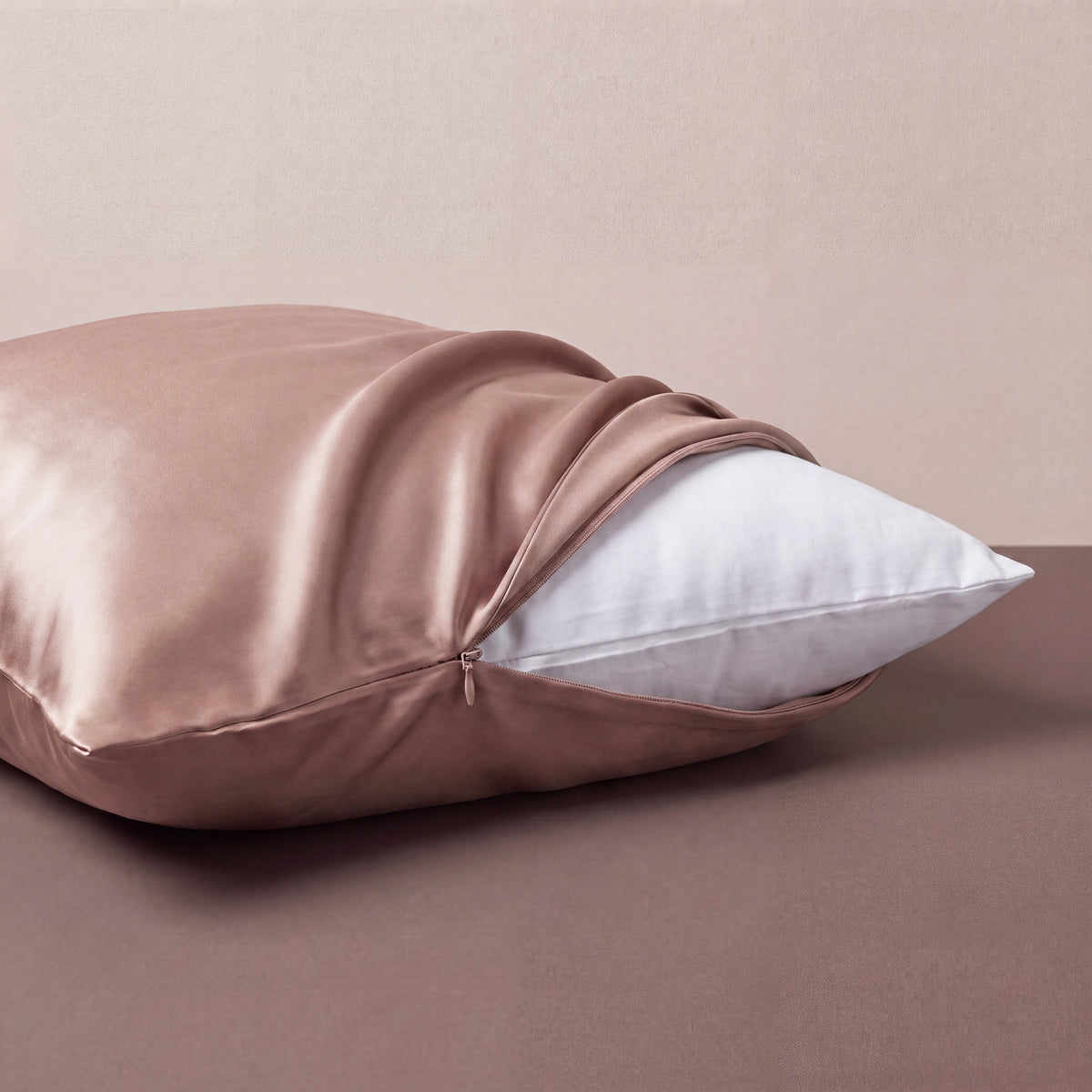 Blush Pink RYVENA silk pillowcase, close view of the closure