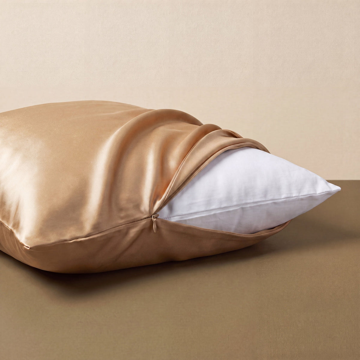 Champagne Gold RYVENA silk pillowcase, close view of the closure