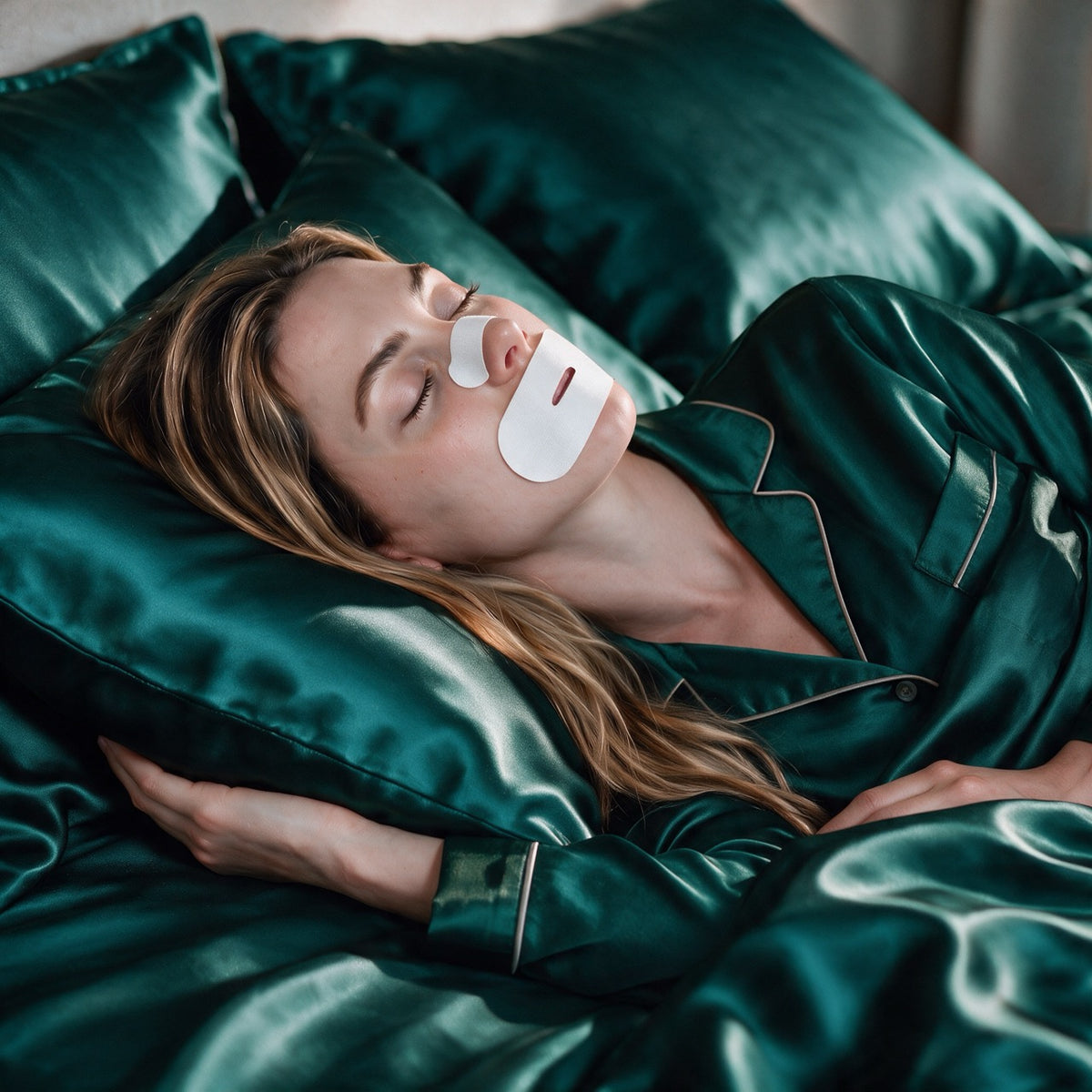 Woman sleeping in silk with RYVENA nose strip and mouth tape on