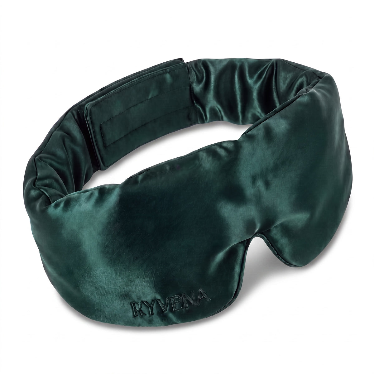 RYVENA contoured silk sleep mask in emerald green, angled to show the 22 momme mulberry silk face and tonal embroidery