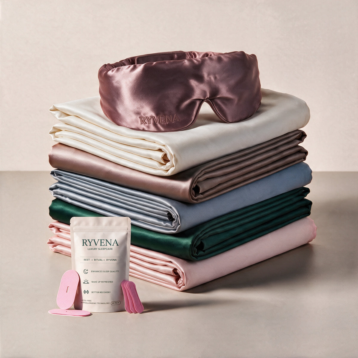 RYVENA Sleep Ritual with blush pink silk sleep mask