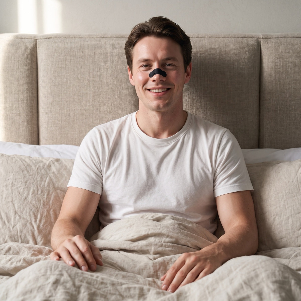 Man sitting on the edge of a bed wearing a RYVENA nose strip