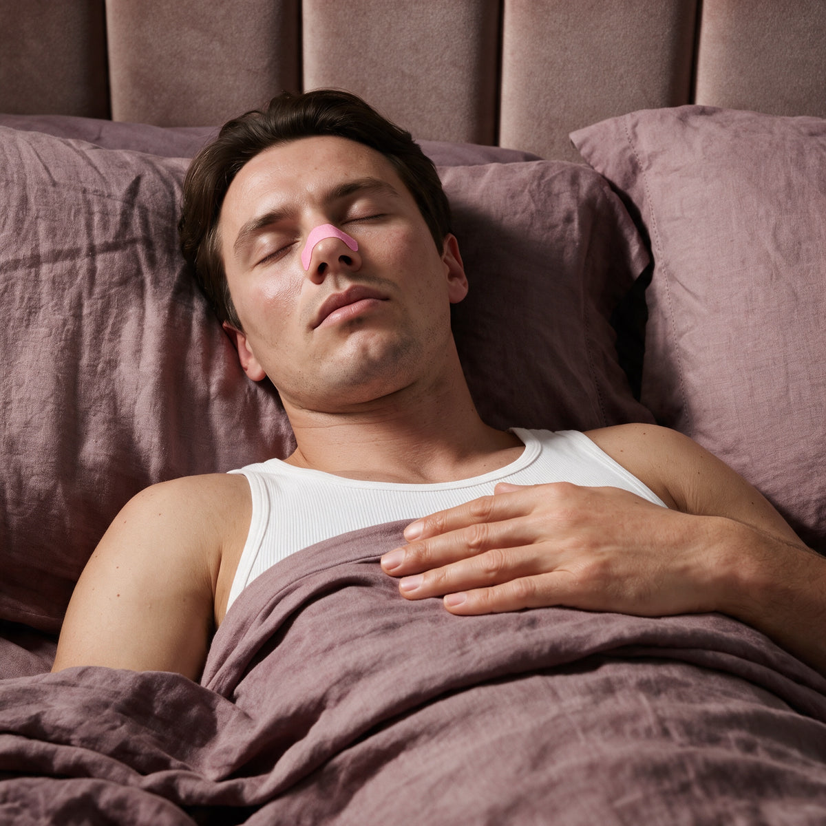 Man asleep wearing a pink RYVENA nose strip for easier nasal breathing overnight