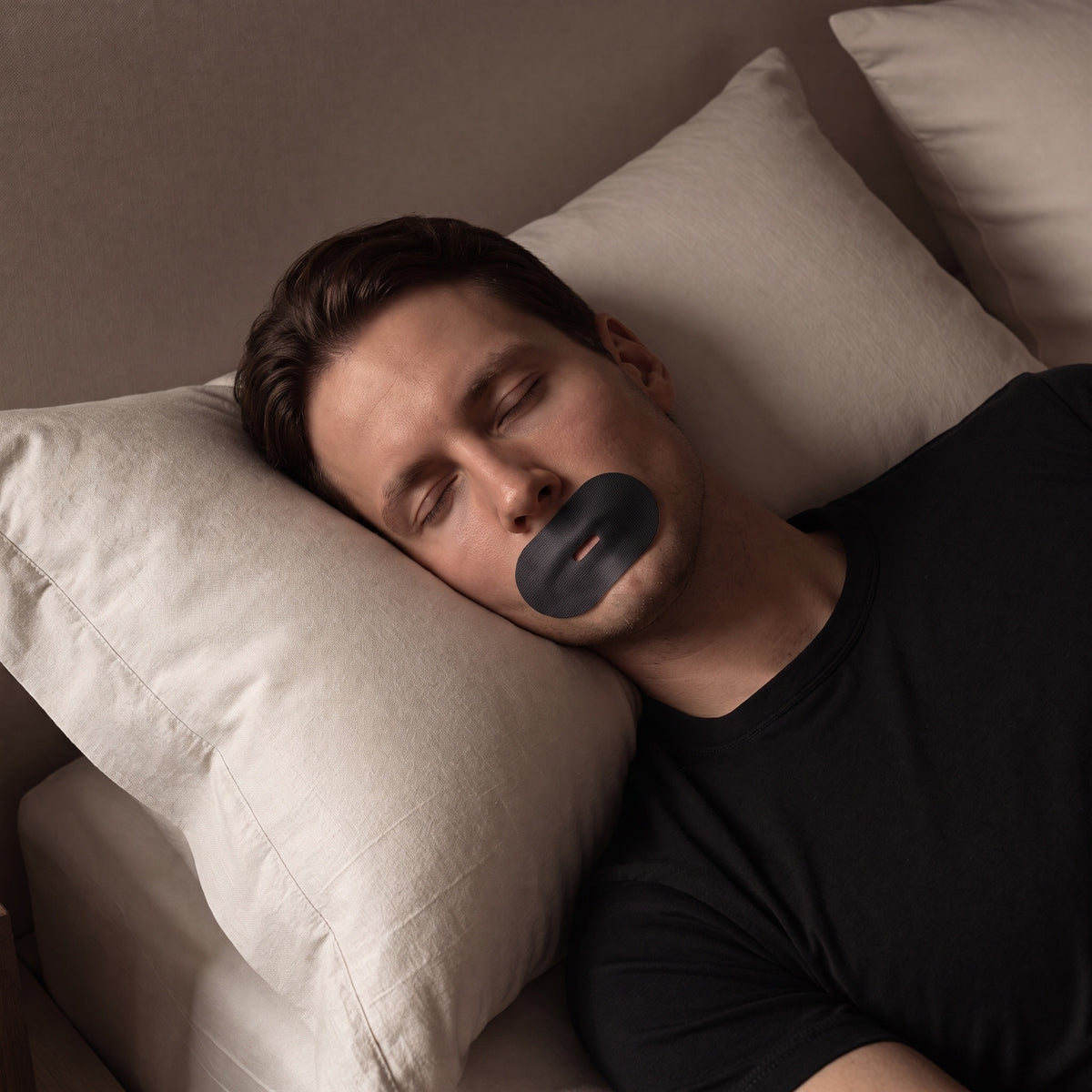 Man asleep wearing black RYVENA mouth tape to keep his mouth closed overnight