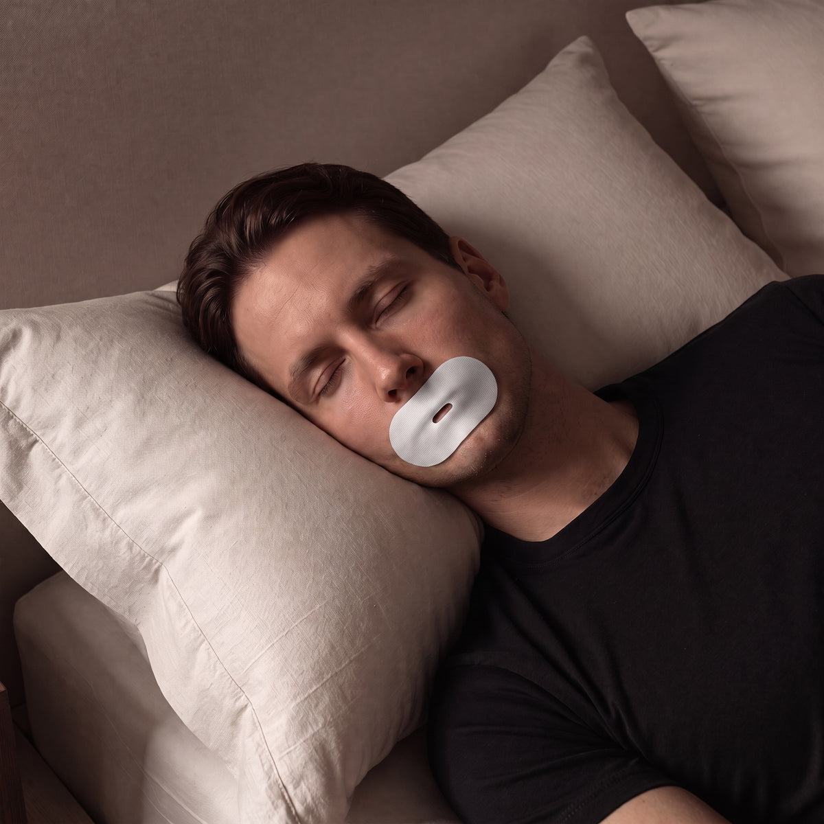 Man asleep wearing white RYVENA mouth tape to keep his mouth closed overnight