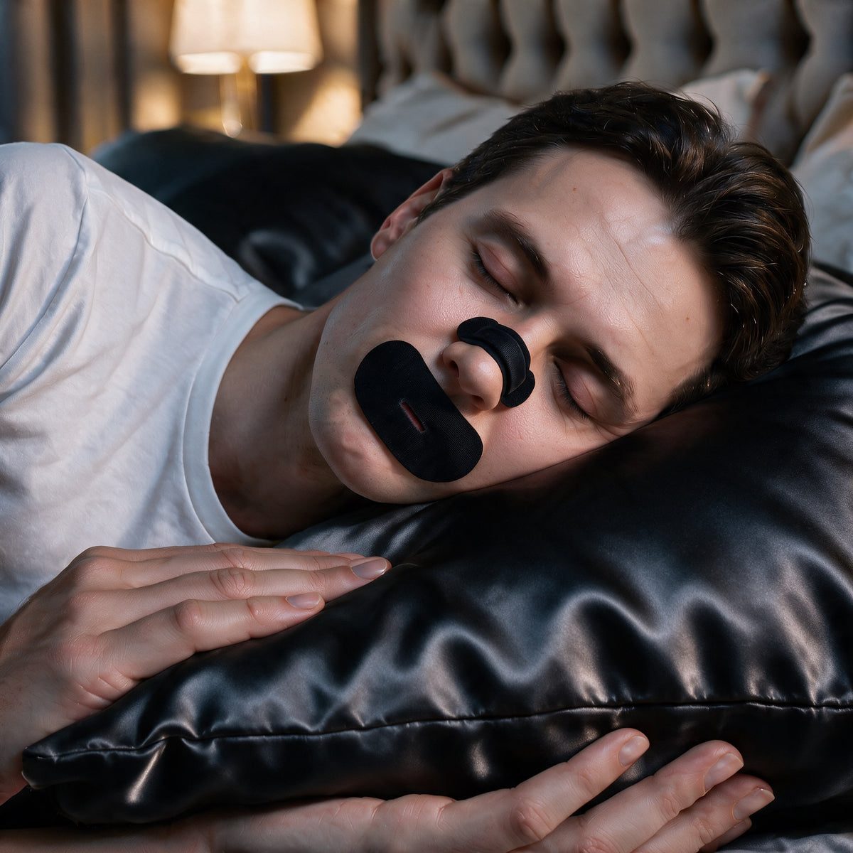 Man sleeping on his side with RYVENA nose strip and mouth tape on