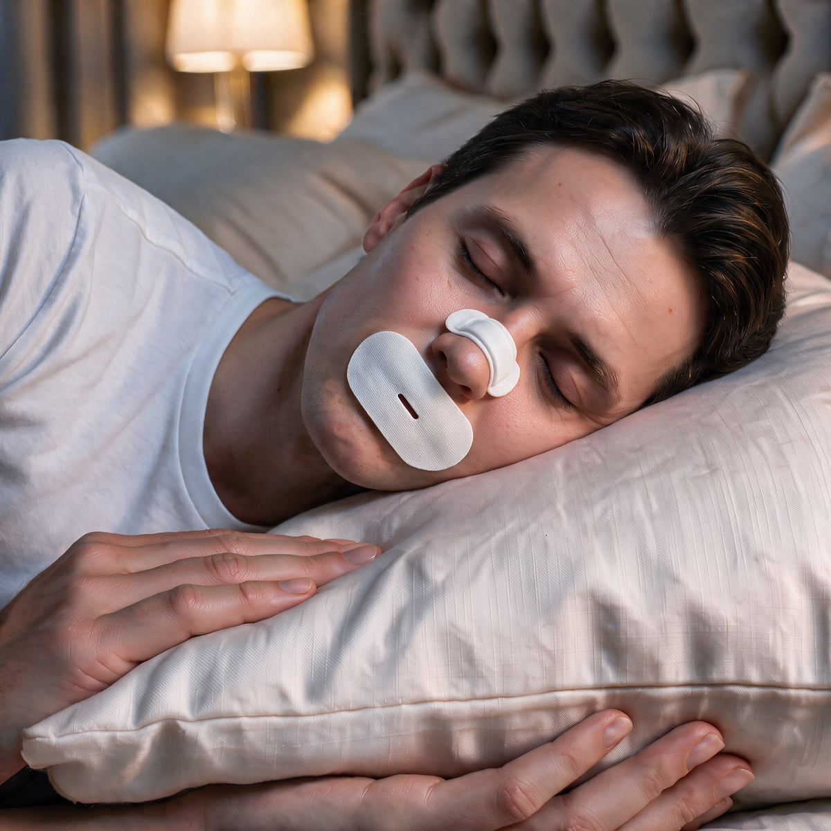 White RYVENA nose strip and mouth tape on a man sleeping through the night