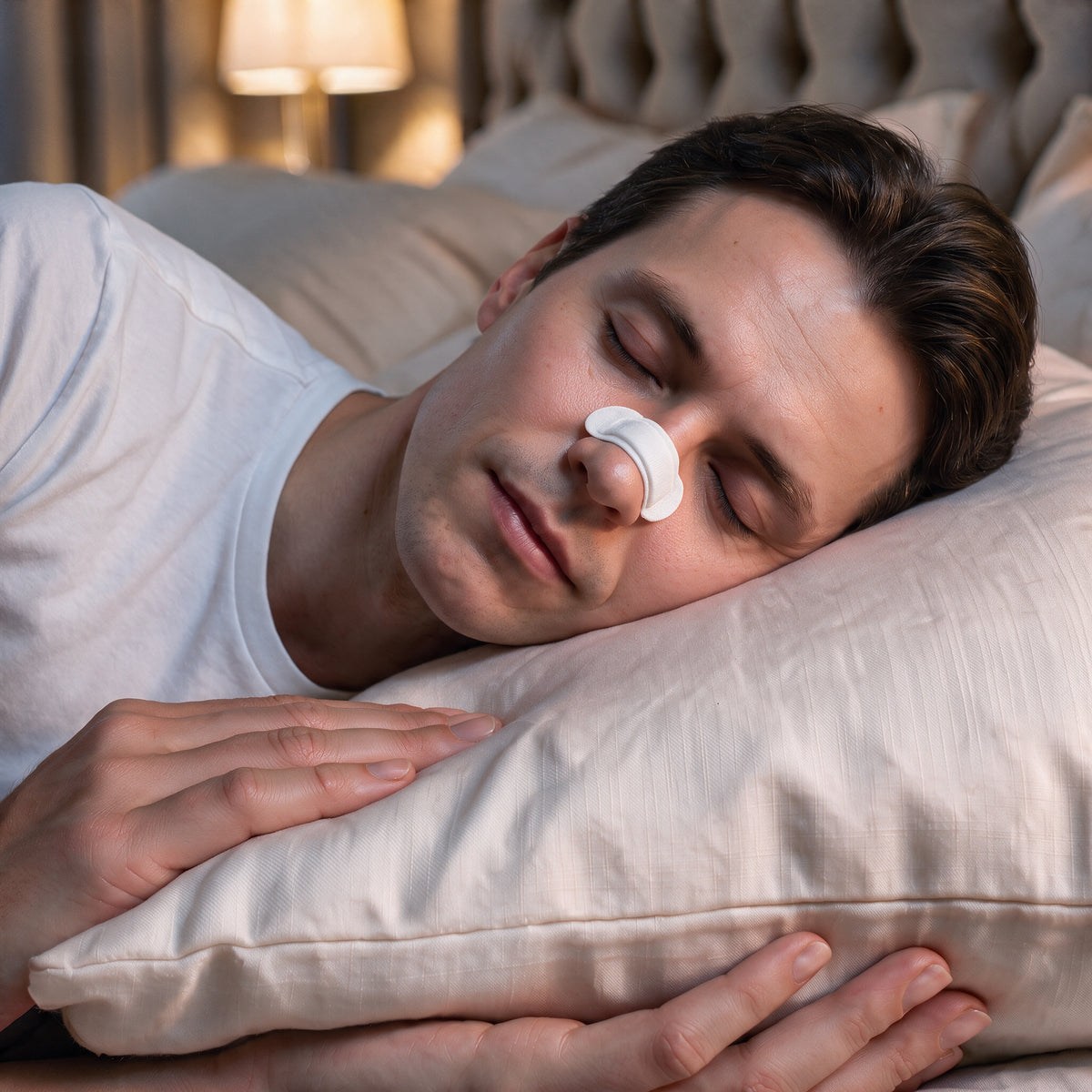 Side view of a man sleeping with a white RYVENA nose strip across the bridge of his nose