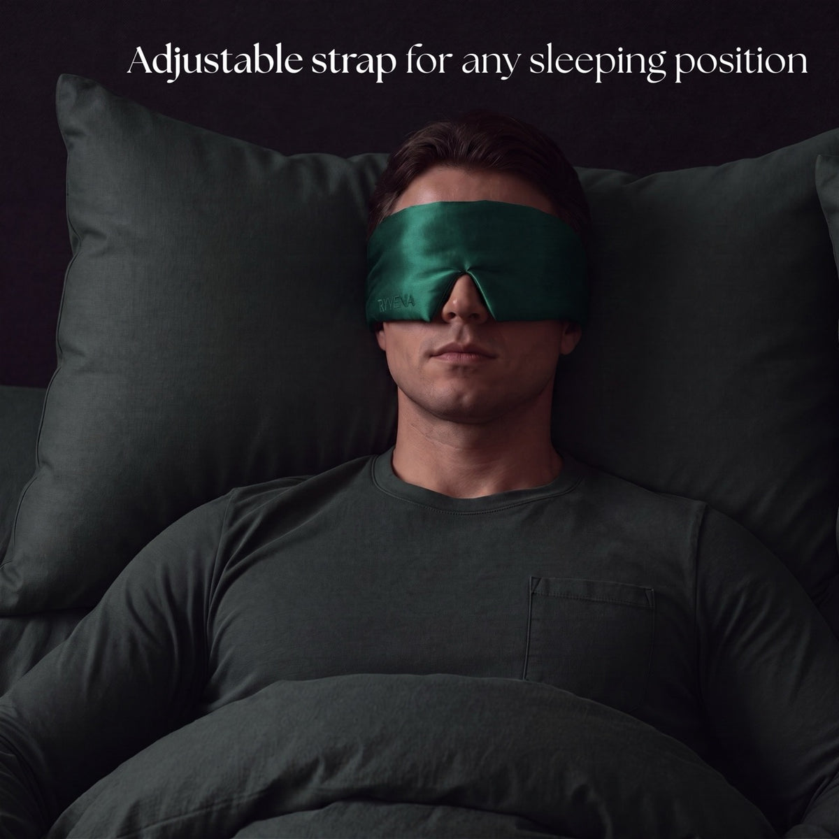 Emerald Green RYVENA silk mask worn flat on the back, strap adjusts to any position