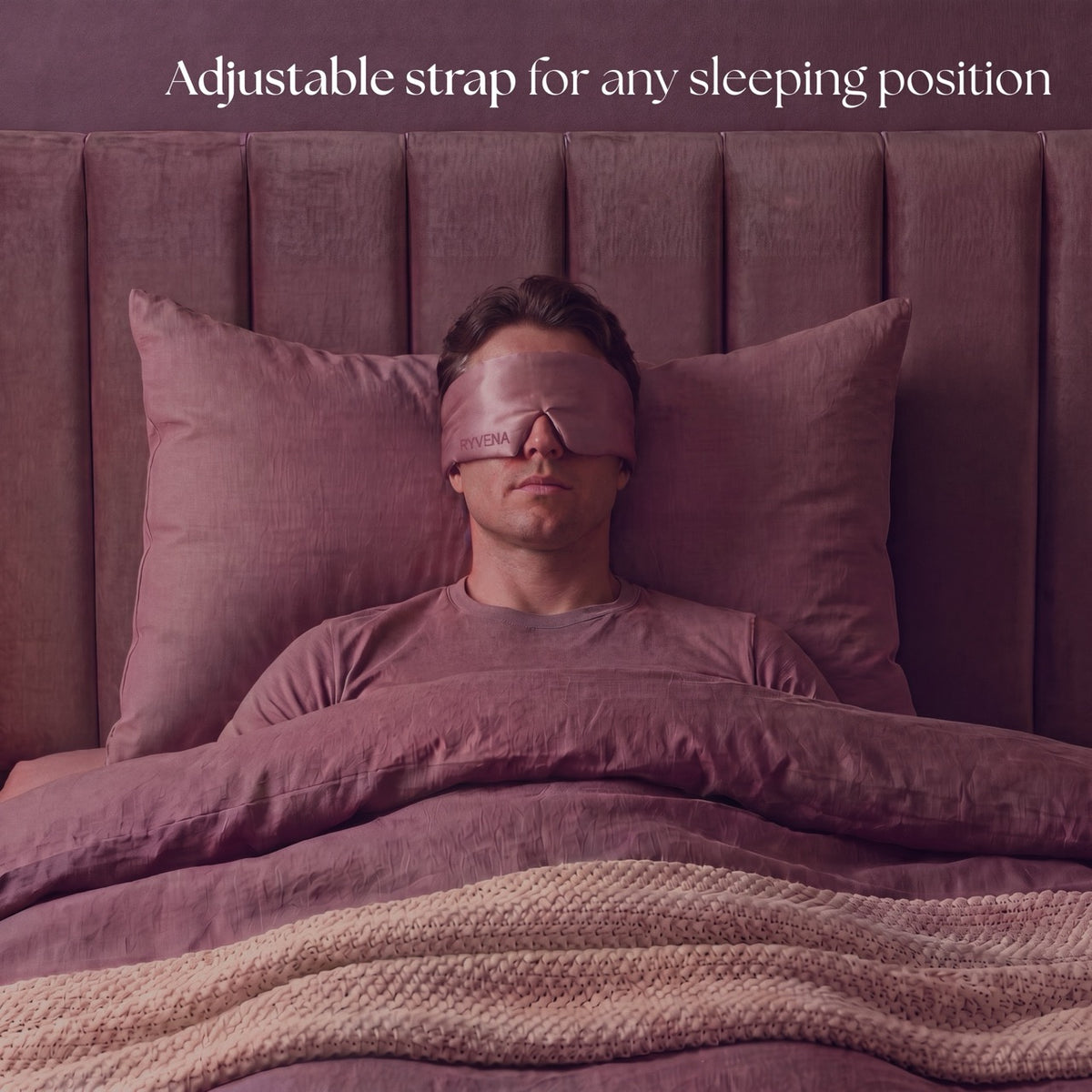 Rose bedding and a knitted throw, Blush Pink RYVENA mask worn flat on the back