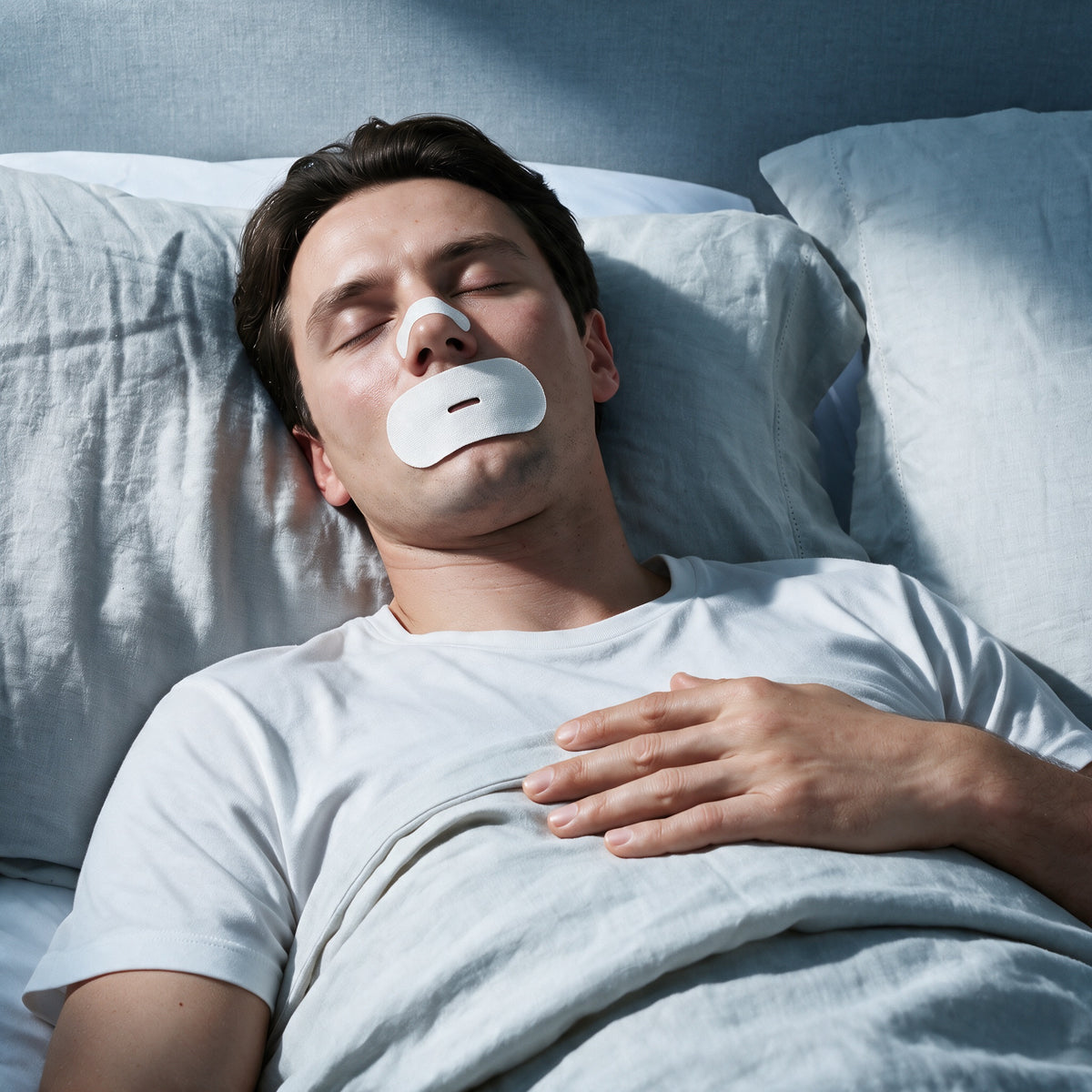 Man sleeping upright wearing white RYVENA nose strip and mouth tape