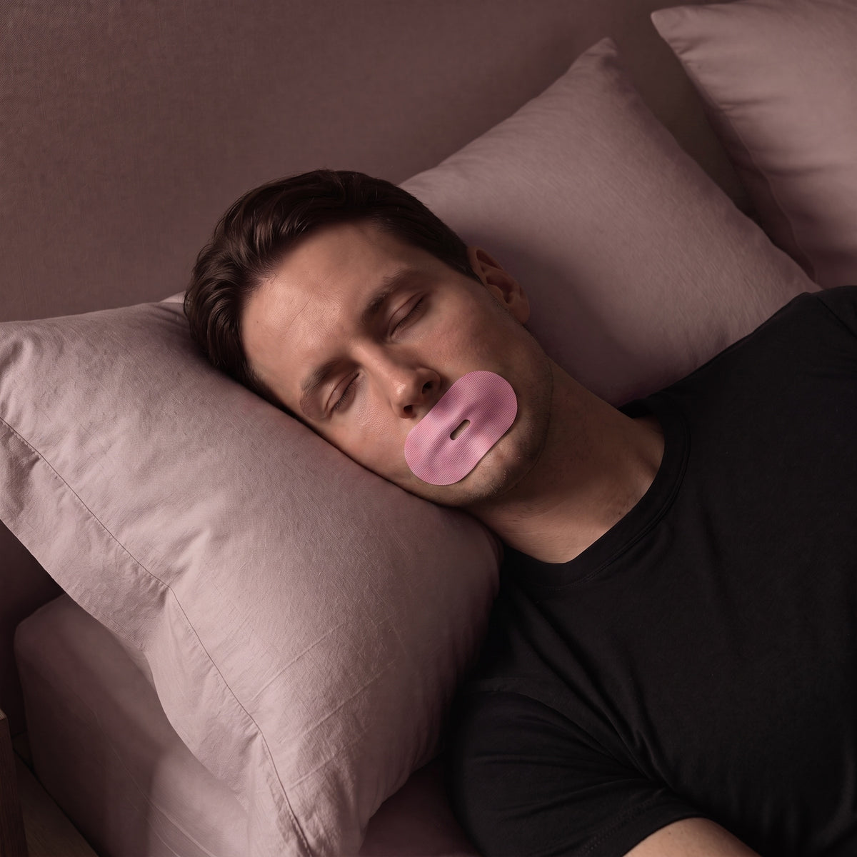 Man sleeping wearing RYVENA pink mouth tape