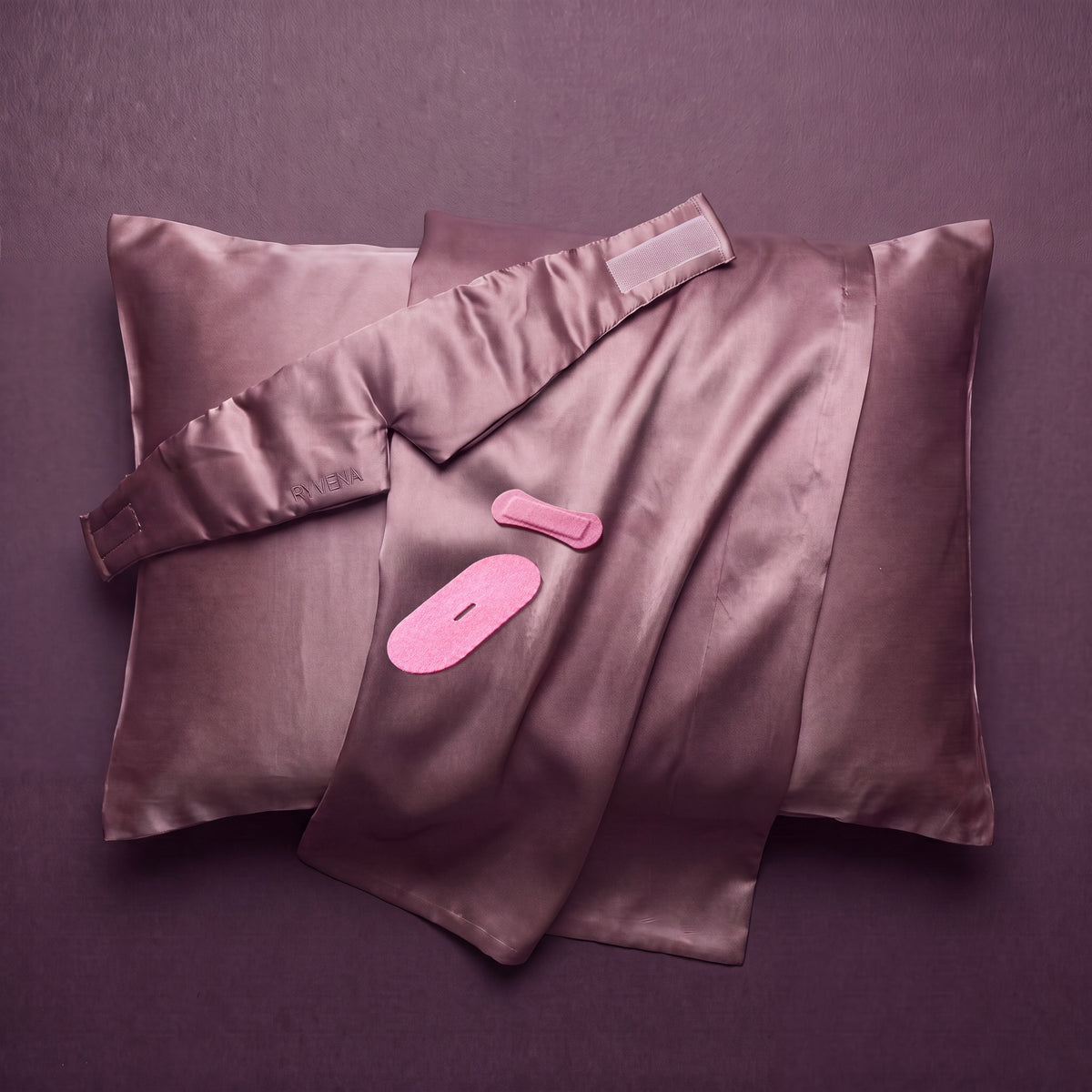 RYVENA sleep set: pink nose strips with silk sleep mask, silk pillowcase and mouth tape