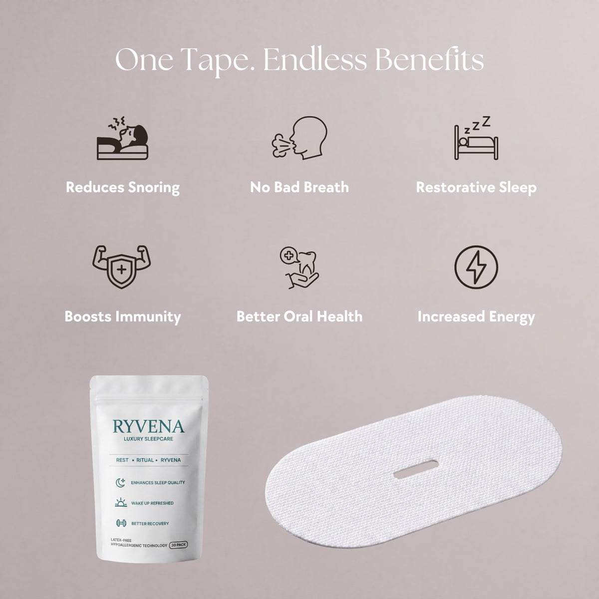 Six benefit icons around the RYVENA mouth tape pouch, one tape endless benefits