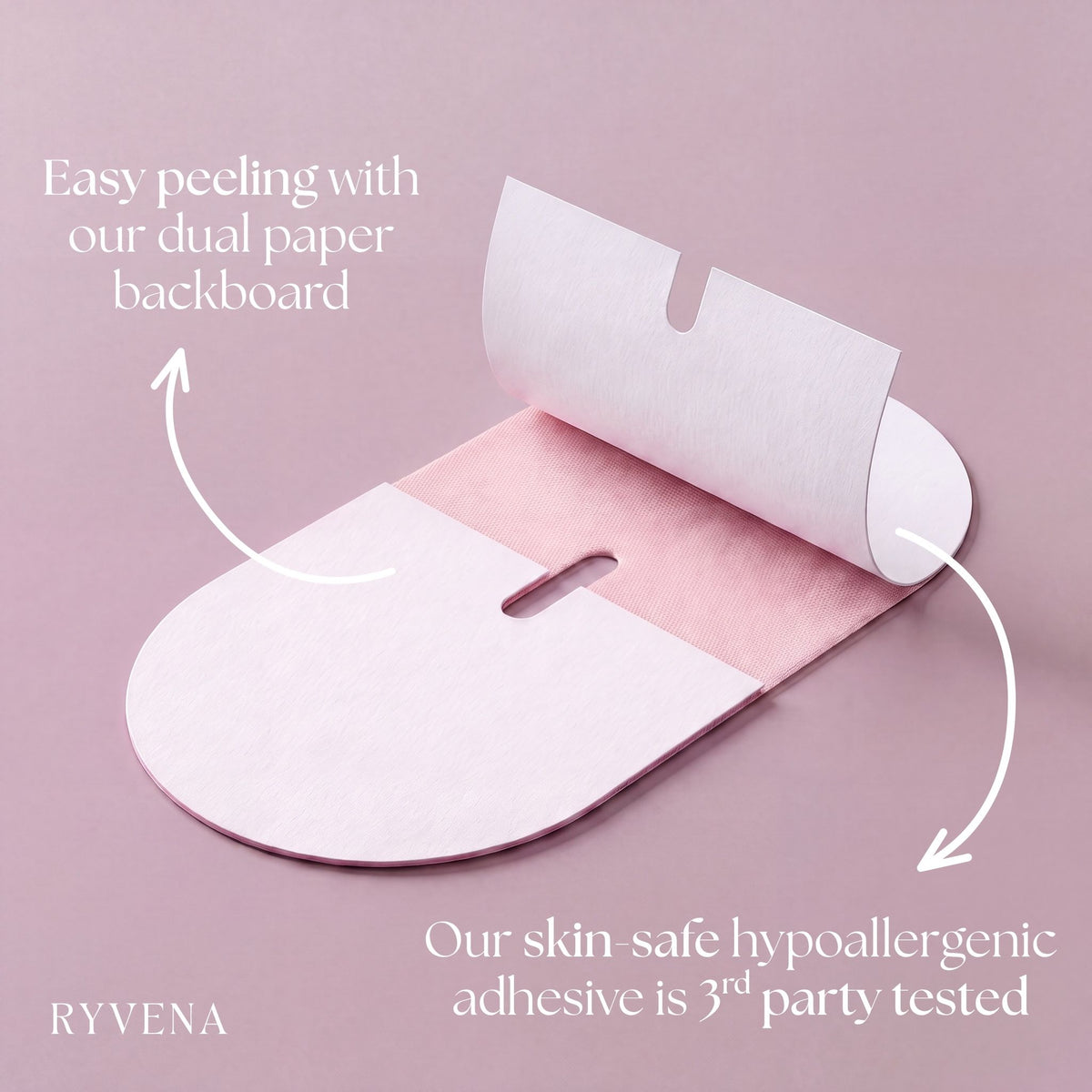 Pink RYVENA mouth tape lifting from the white paper backboard, easy peel and third party tested