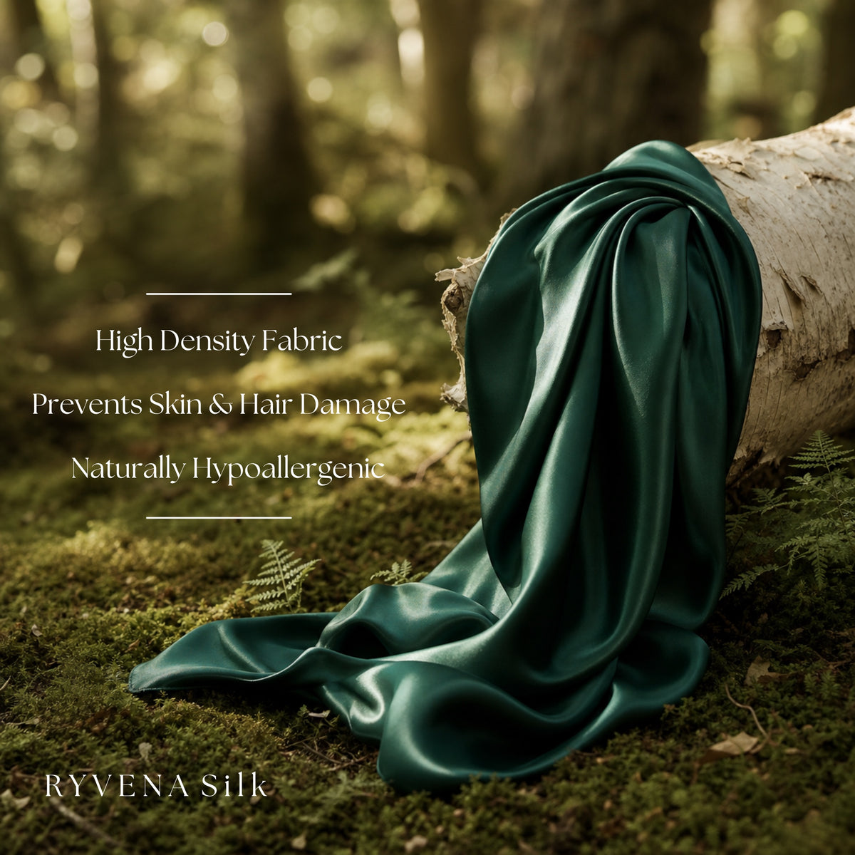 Emerald RYVENA silk draped over moss and birch, high density hypoallergenic weave
