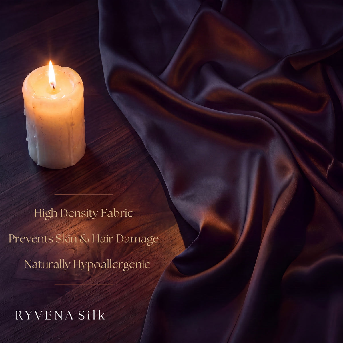 RYVENA deep black silk draped on wood