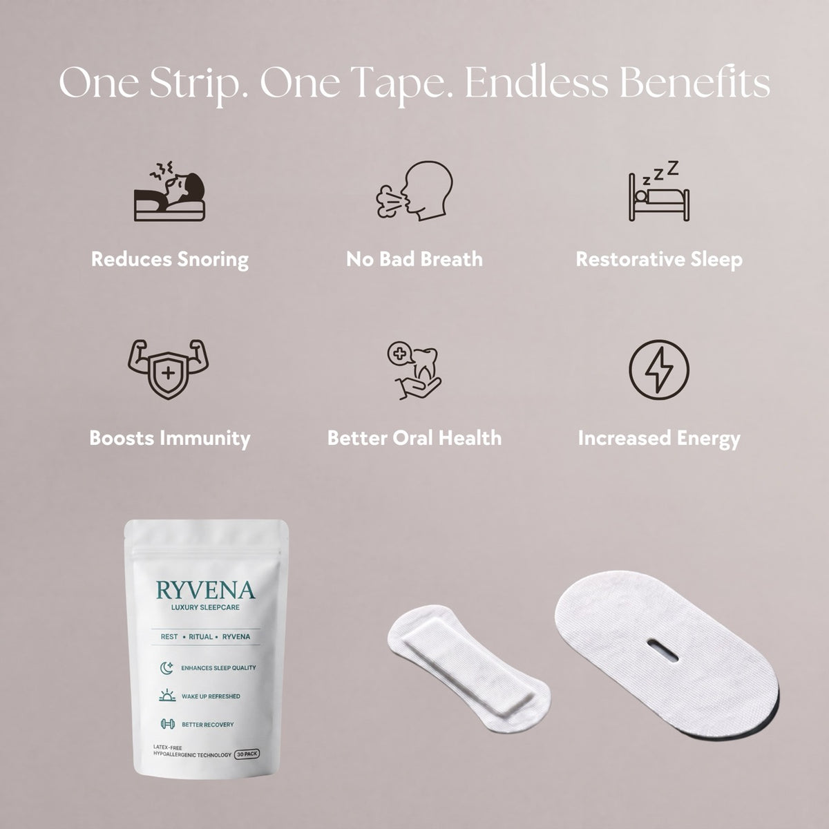 The RYVENA pouch with a nose strip and mouth tape, one strip one tape endless benefits