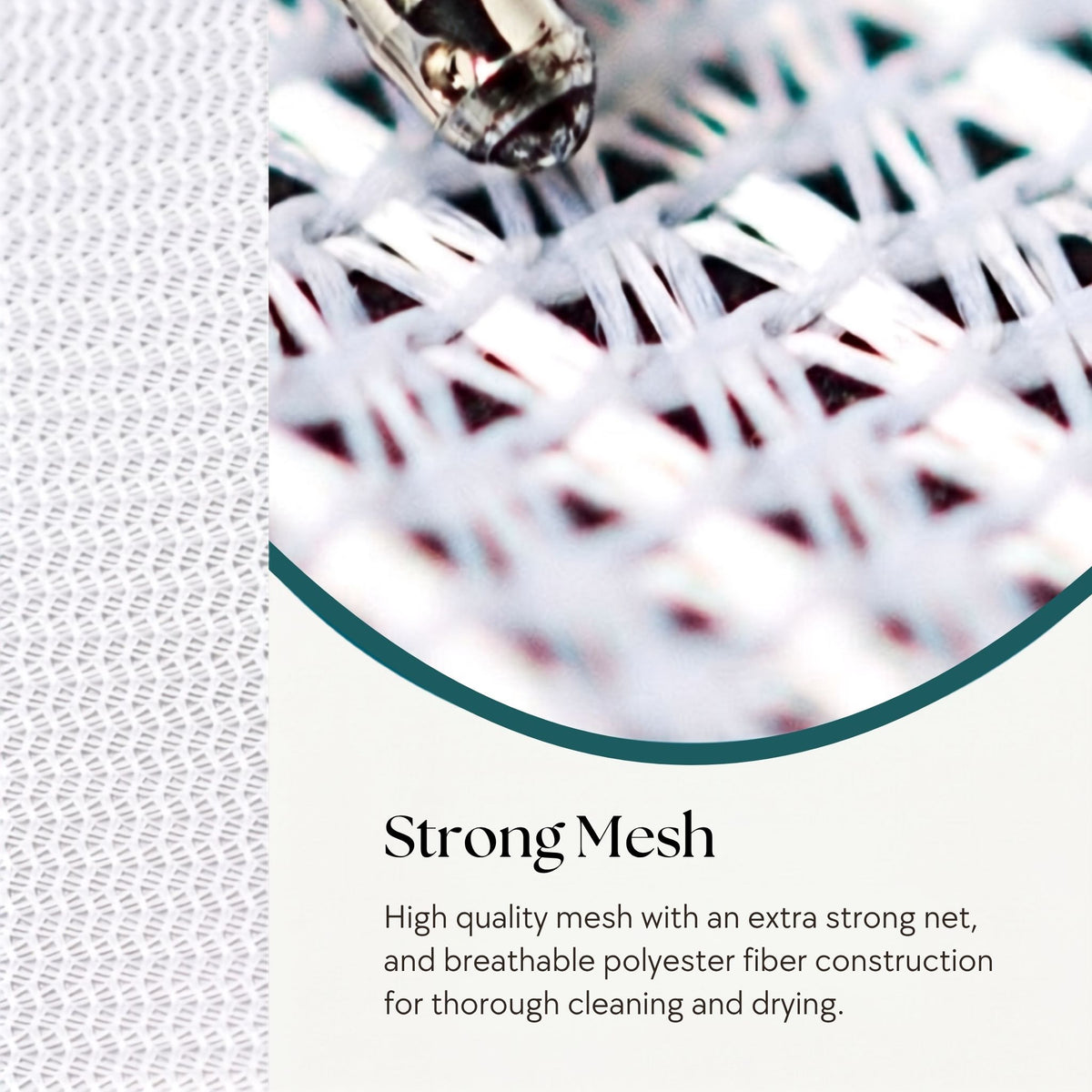 Close up of the RYVENA wash bag mesh, breathable polyester built for the machine cycle