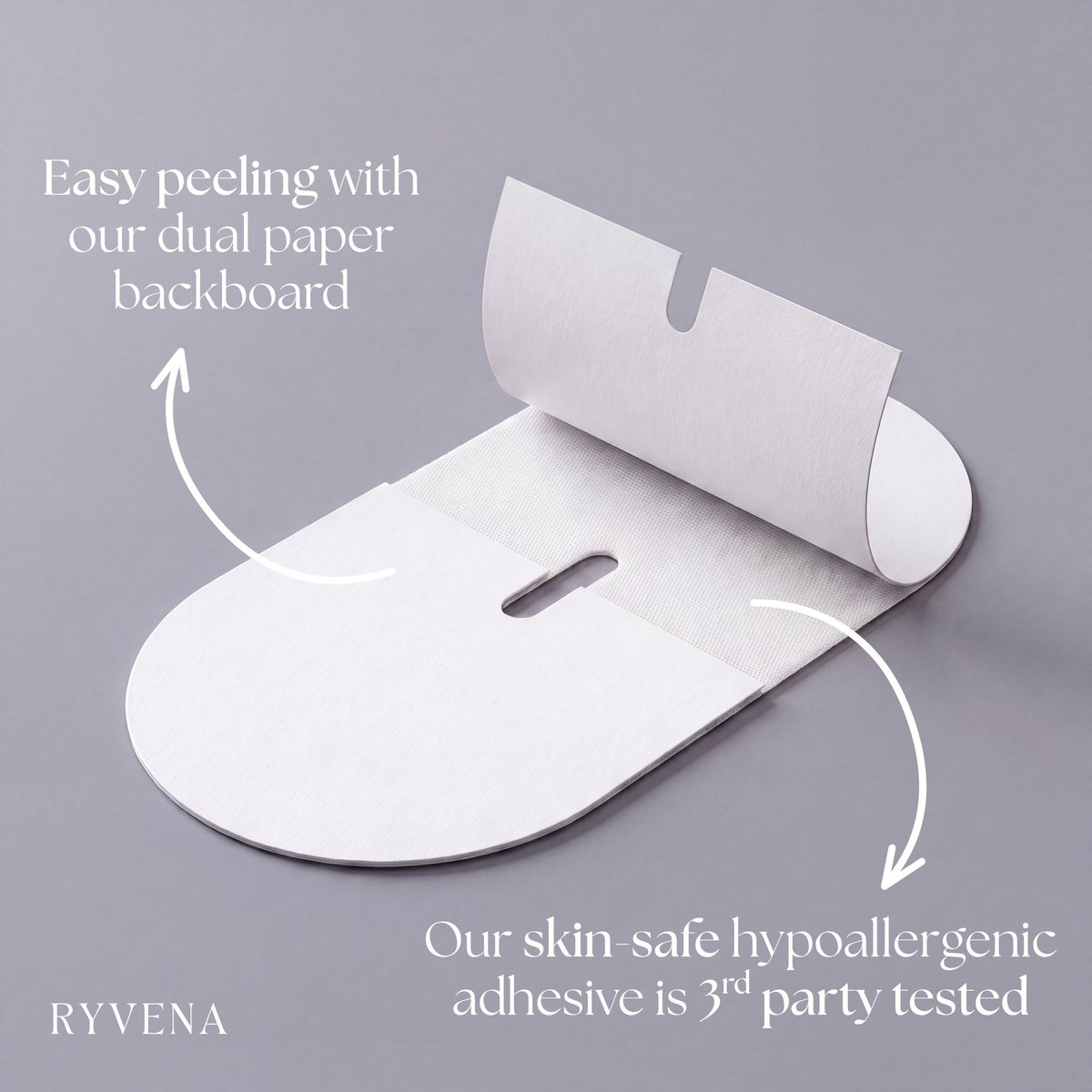 White RYVENA mouth tape peeling off its dual paper backing, third party tested adhesive