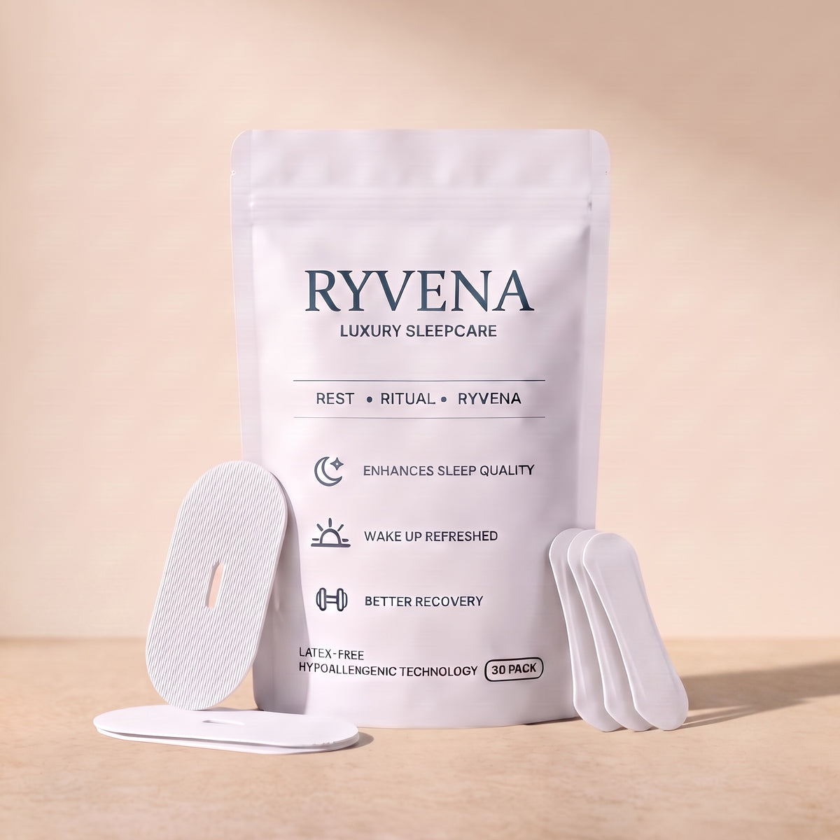 RYVENA white nose strips and mouth tape with the branded pouch