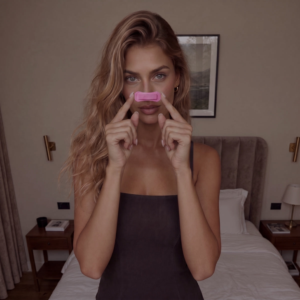 Woman holding a pink RYVENA nose strip, showing its dogbone shape and flared ends