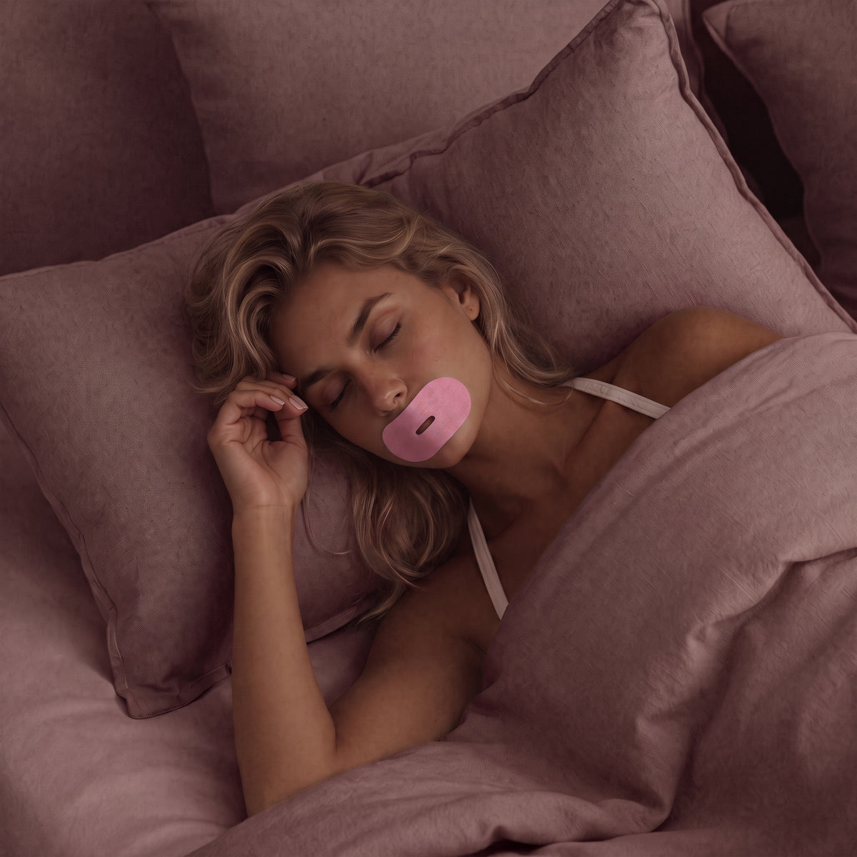 Woman asleep wearing pink RYVENA mouth tape for nasal breathing through the night