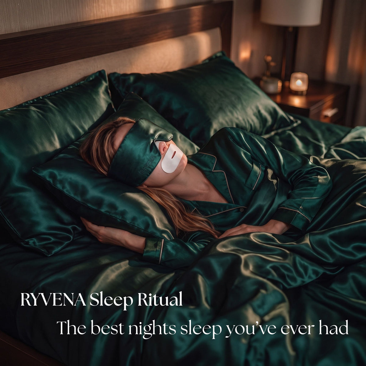 Emerald Green silk pillowcase and duvet, RYVENA sleep mask on, white mouth tape worn