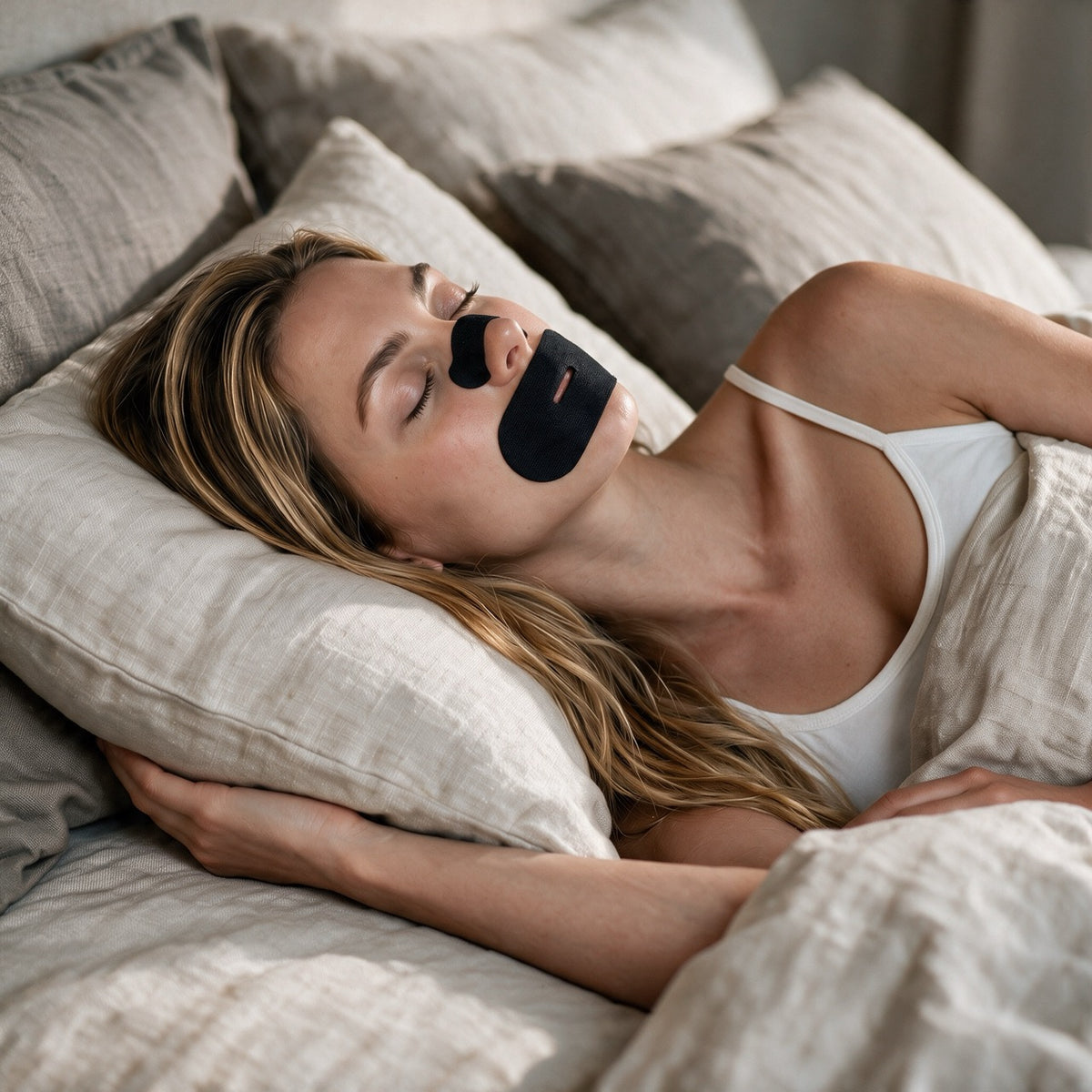 Woman sleeping on her side wearing black RYVENA nose strip and mouth tape
