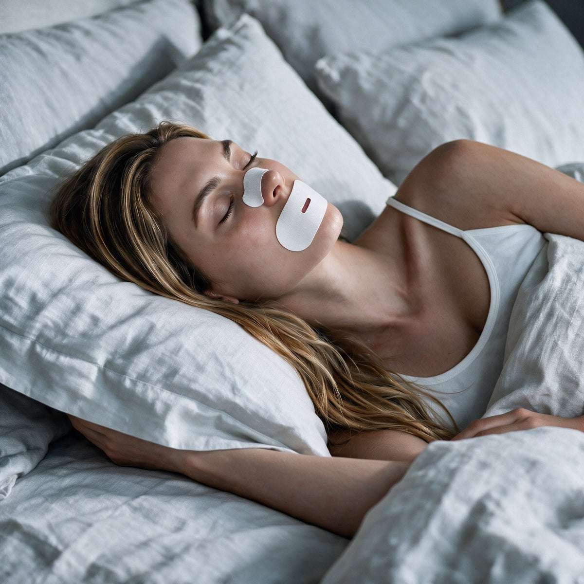 White RYVENA nose strip and mouth tape, grey linen, breathing quietly through the nose