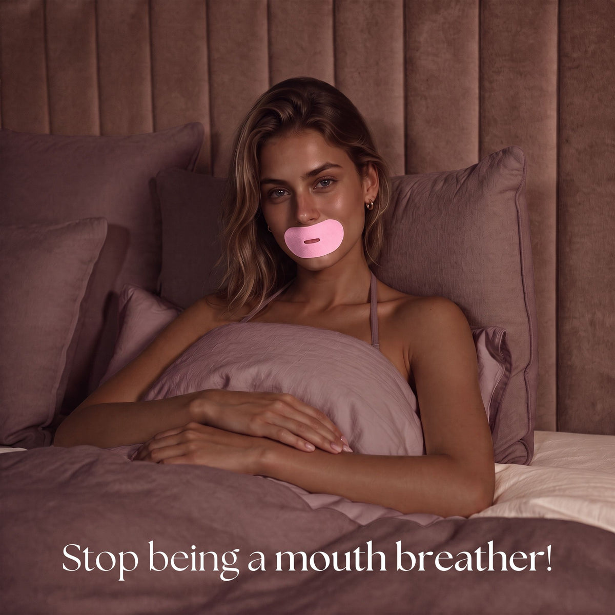 Pink RYVENA mouth tape worn upright in bed under a stop being a mouth breather line