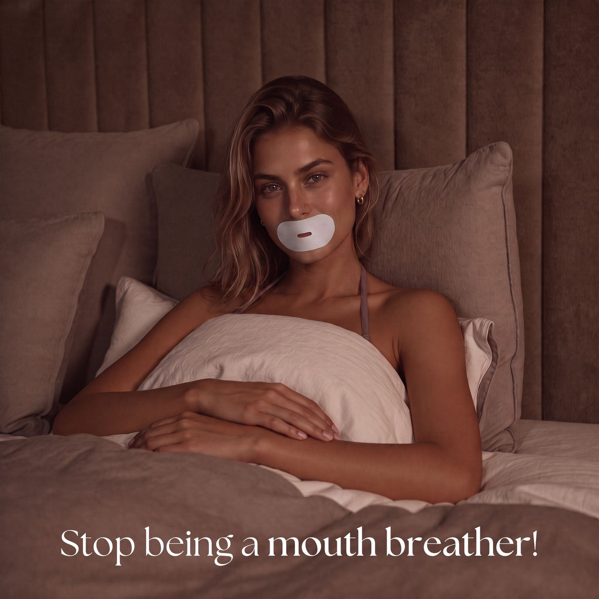 White RYVENA mouth tape over the lips, brown headboard, stop being a mouth breather